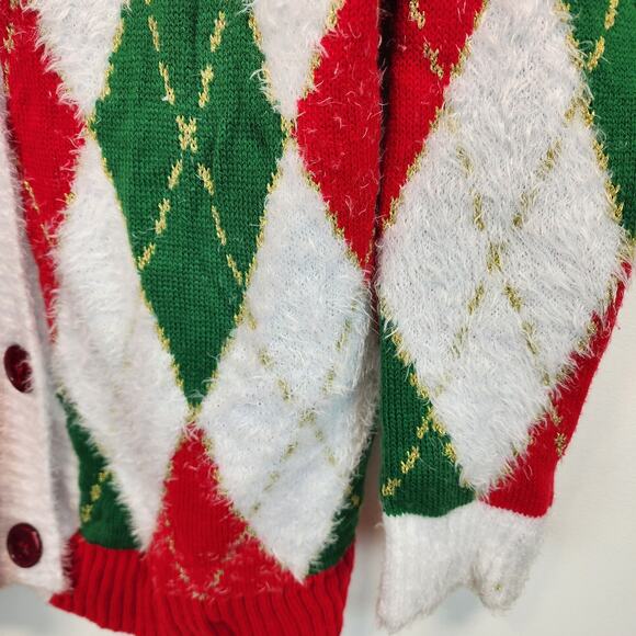 Holiday Time Ugly Christmas Sweater Cardigan Size L Elves Argle V-neck Festive - Picture 4 of 10